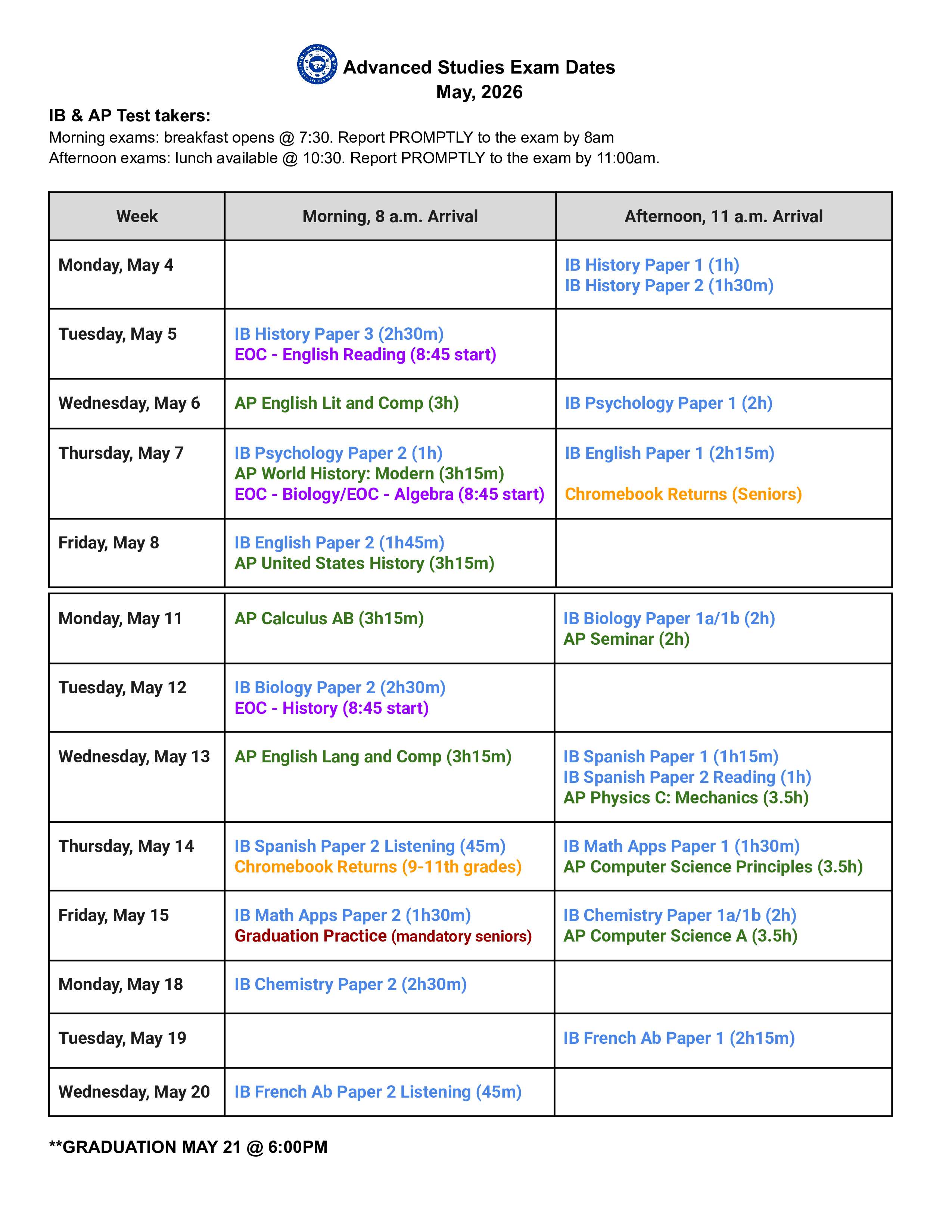 26 AP IB Testing Schedule